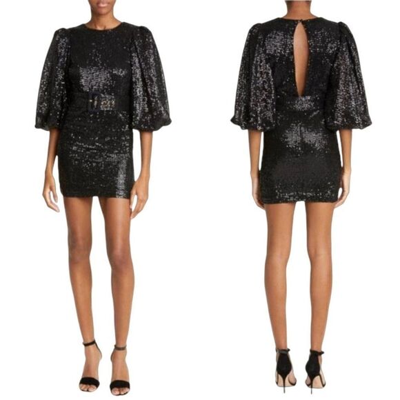 byTiMo Sequined Cocktail Puff Sleeve Mini Dress L Black Open Back Statement - Picture 16 of 16